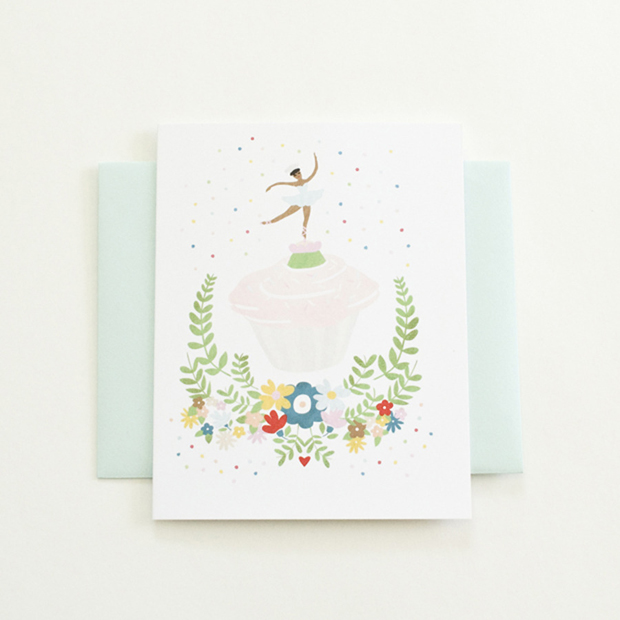 Illustrations of Ballerina on a Cupcake with garlands and flowers Notecard